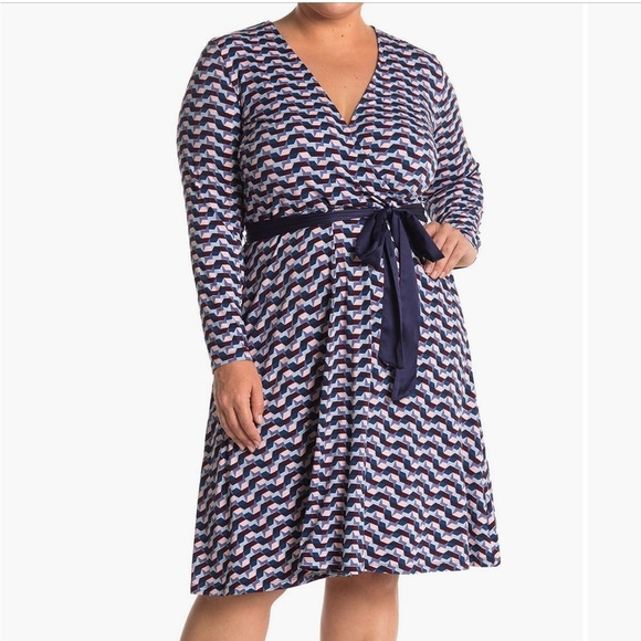 NWT Leota 2X Perfect Wrap Dress Knit Navy Print Long Sleeve - Picture 1 of 8